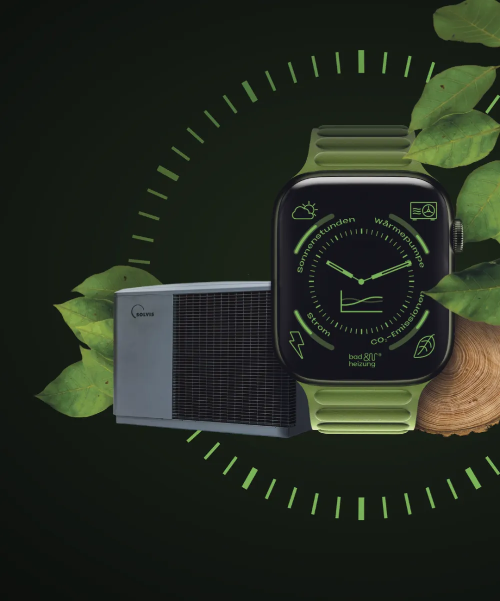 Bildmontage mit einer Waermepumpe von Solvis, Energieuhr und den Energietraeger Holz.
